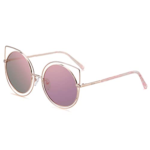 Duco Sunglasses For Women Polarized Round Cateye Style Polarized Sunglasses W002 (Gold Frame Pink Lens)