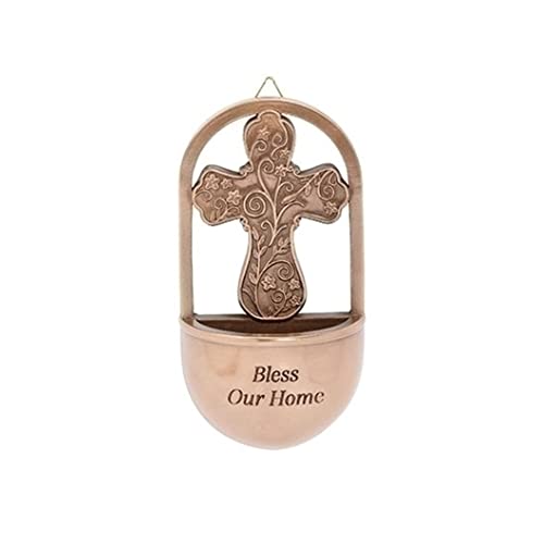 Roman Bless Our Home Bronze Cross Holy Water Font, 6-inch Height, Religious Decoration