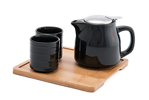 FMC Fuji Merchandise Colorful Ceramic 20 fl oz Teapot with Two Matching Cups and Bamboo Tray Tea Set (Black)
