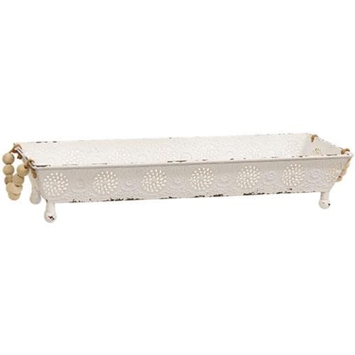 White Decorative Rectangular Tray w/Whitewashed Bead Handles | Farmhouse Decor | Shabby Chic | Serving Tray | Distressed Finish | 2.75" H x 14.75" L x 5" W