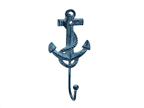 Hampton Iron Rustic Dark Blue Whitewashed Decorative Cast Iron Anchor Wall Hook, 7" - Rustic Wall Art