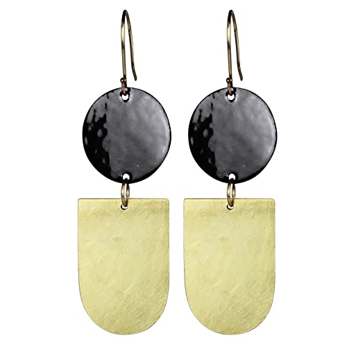 HomArt Circle with Inverted Arch Donte Earrings, 3-inch Height, Black, Enamel and Brass