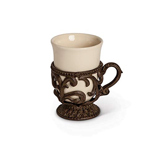 Gerson GG Collection Acanthus Leaf Cream Ceramic Cups with Brown Metal Base and Handle (Set of 4)