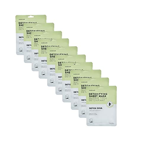 MaskerAide Detox Diva, Detoxifying Face Mask with Chinese Plum, Green Algae, Geranium Oil, Seaweed, Honey & Green Tea, for Acne & Blemishes, Exfoliate & Detoxify, Cruelty Free, Korean Skincare, 10 Pack