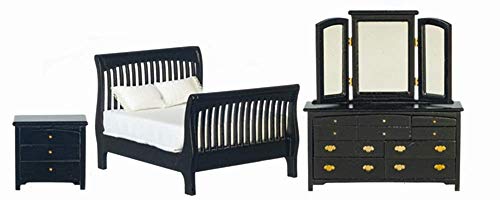 Aztec Imports Melody Jane Dollhouse Black Double Bedroom Furniture Set with Slatted Sleigh Bed 1:12