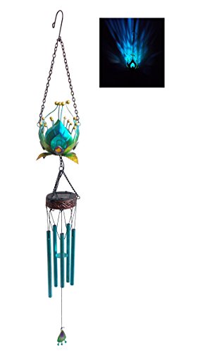 Comfy Hour Peacock Decor Collection 31" Height Blue Metal Art Peacock Tail Solar Wind Chime