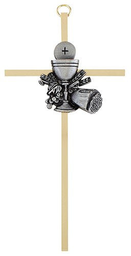 Christian Brands First Communion Chalice Wall Cross - 7"H - Gold Plate Cross/Antique Pewter Finish Emblem -4 PACK - James Brennan - Gift Boxed - B65P07