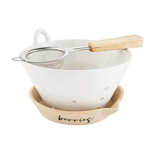 Mud Pie 41540008 Stoneware Set, Berry, colander 4" x 6" | strainer 7 1/4", Cream