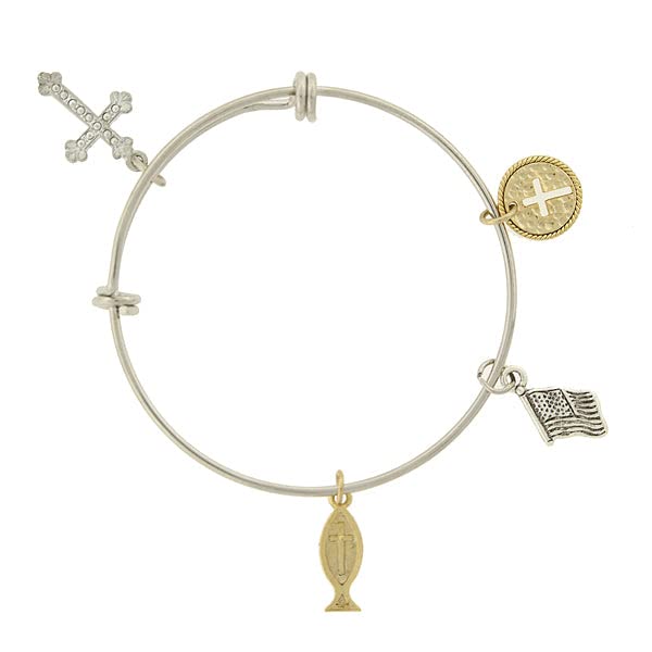 1928 Jewelry Symbols Of Faith Two Tone Cross, Flag And Fish Charm Bangle Bracelet