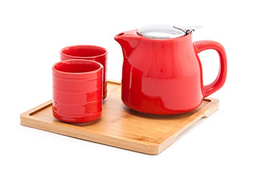 FMC Fuji Merchandise Colorful Ceramic 20 fl oz Teapot with Two Matching Cups and Bamboo Tray Tea Set (Red)