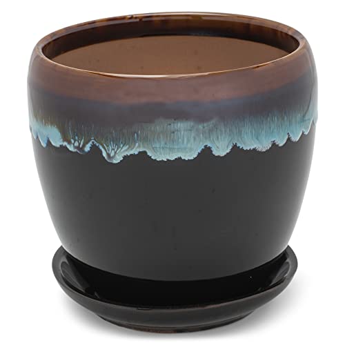 Napco Glazed Sky Blue and Black 4.5 Inch Ceramic Flower Pot Planter with Saucer