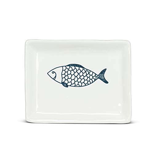Abbott Collection  27-CORFU-550 Small Rectangle Fish Plate, 1 EA, White/Blue