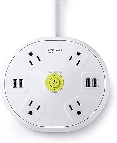 4 Outlet 4 USB White Power Strip Surge Protector with 6 ft Extension Cord, 1200 Joules, Round Design by Easylife Tech
