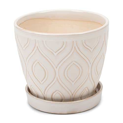 Napco Curved Rhombus Ivory 4.5 x 5.5 Ceramic Table Top Planter Pot with Saucer