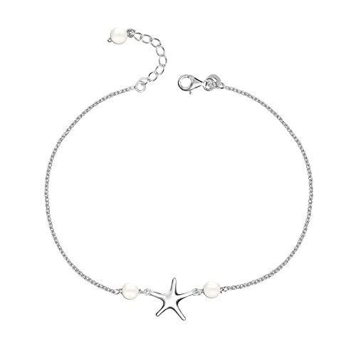 LeCalla 925 Sterling Silver Starfish Pearl Sea Adjustable Anklet for Teen Women