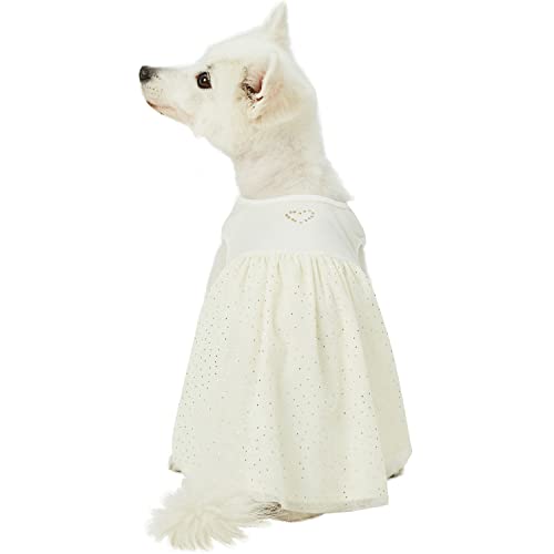 Blueberry Pet My Little Princess Cotton Blend Dog Tulle Dress in Sweet Vanilla with Heart, Back Length 12", Pack of 1 Clothes for Dogs
