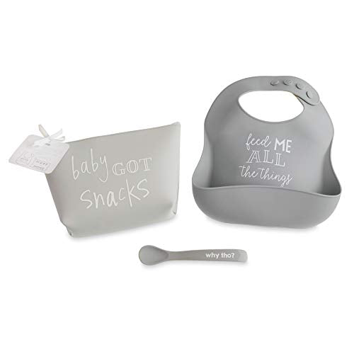 Mud Pie Gray Silicone Feeding Set, bib 9" x 8", pouch 6" x 8", spoon 6",Gray