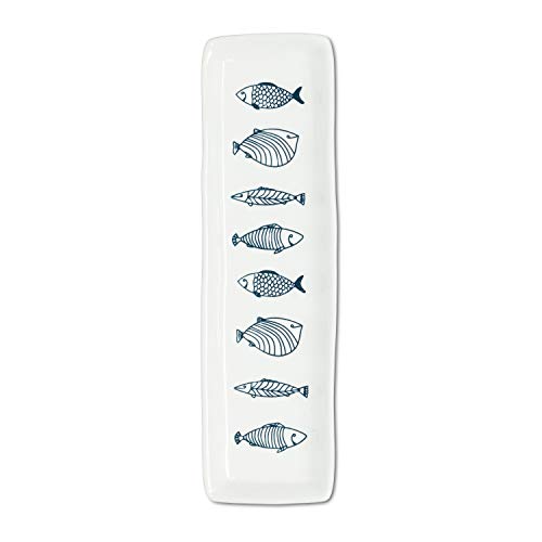 Abbott Collection  27-CORFU-770 Long Slim Fish Plate, 1 EA, White/Blue
