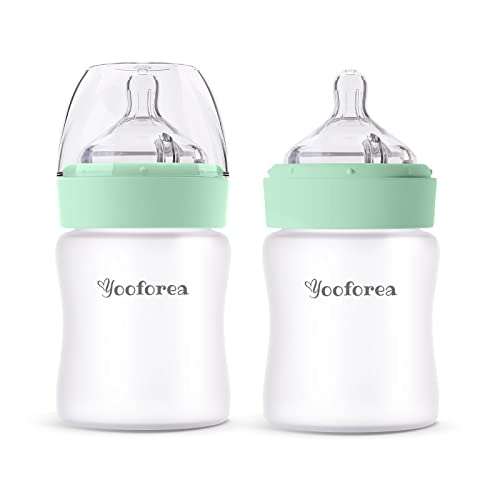 Yooforea Silicone Coated Glass Baby Bottle, 2M+ Medium Flow Nipple I Anti-Colic, Wide Neck, Stable Base I Medical-Grade Silicone Coating for Shatter Protection, BPA BPS PVC Free (2 Pack, 5 Ounce-Tea)