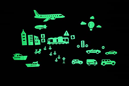 GLOPLAY Vehicle Series (32pcs/Pack), Glow in The Dark Educational Wall Stickers, The Eco-Friendly and Brightest Wall Stickers for Ceiling, Bathtime, Bedroom, Party, Decor, Made in Japan