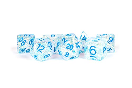 ACD 16mm Resin Flash Dice Poly Dice Set: Clear with Light Blue Numbers