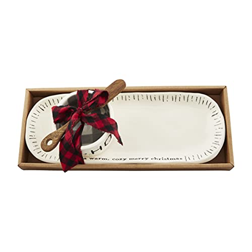 Mud Pie Cozy Christmas Appetizer Set, tray 4 1/2" x 12", dip 2" x 3 1/4" dia | spreader 5 1/2",  White