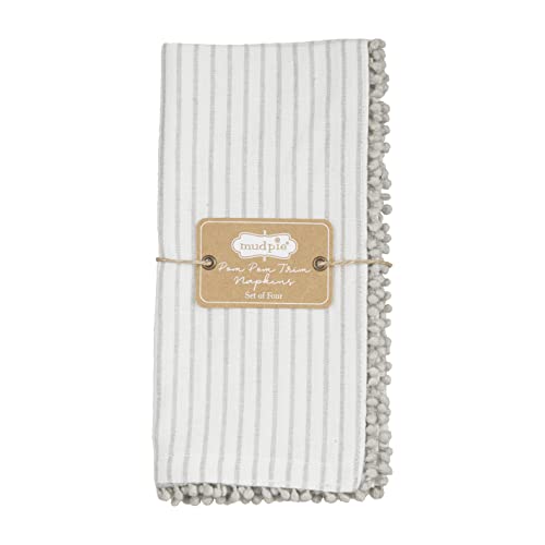 Mud Pie Gray Pom Cloth Napkin Set, Stripe, 18" x 18"
