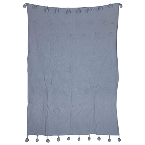 Foreside Home & Garden Blue with Pom Poms Hand Woven Cotton Throw
