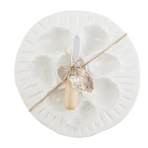 Mud Pie Circa Oyster Server with Shucker, White, Plate 10.5", Knife 6", Stoneware