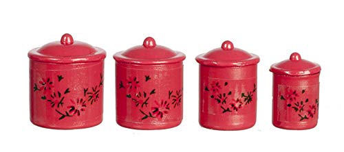 Aztec Imports Dollhouse Miniature Canisters, Set of 4 with Removable Lids, Red 