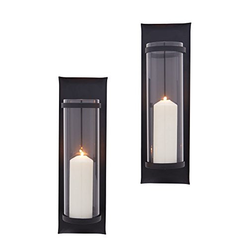 Danya B. Metal Pillar Candle Sconces with Glass Inserts - A Wrought Iron Rectangle Wall Accent (Set of 2), Black