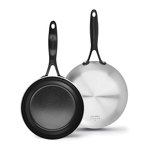 Cookware Company GreenPan Venice Pro Noir Tri-Ply Stainless Steel Healthy Ceramic Nonstick 8" and 10" Frying Pan Skillet Set, Matte Black Handle, PFAS-Free, Multi Clad, Induction, Dishwasher Safe, Oven Safe, Silver
