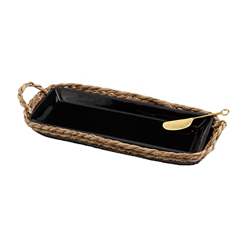 Mud Pie Woven Tray Platter Set, 5" x 13" | Basket 6" x 14" | Spreader 5 1/2", Black