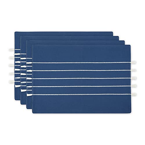 DII Tassel Stripe Tabletop Collection Decorative, Machine Washable, Placemat Set 13x19, Navy & Off-White, 4 Piece