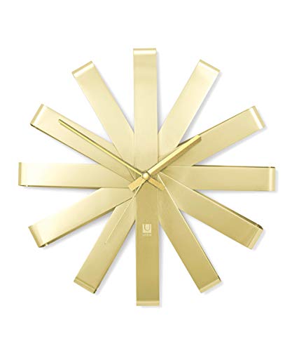 Umbra Ribbon Modern 12-inch Wall Clock, Silent Non Ticking Battery Operated Quartz Movement, Brass