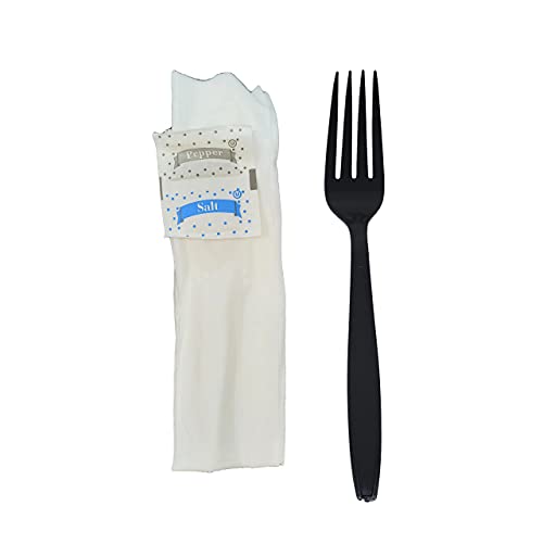 DHG Professional 500 Kits Disposable Black Plastic Fork with Napkin and Salt/pepper packet, individually Wrapped, To-go (Fork)