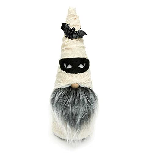 MeraVic Mummy Gnome Cream and Black with Wood Nose, Bat Hat, Black Mask and Grey Beard Small, 7 Inches - Halloween Decoration