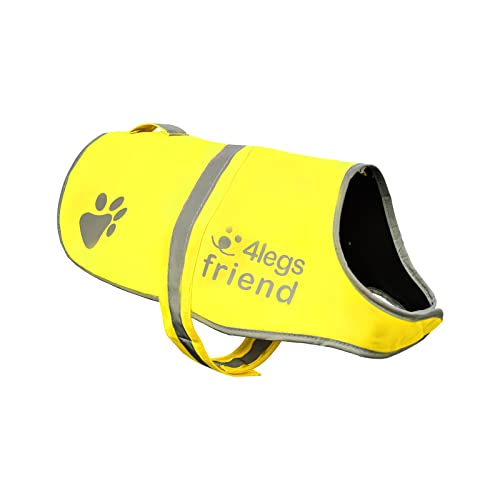 4LegsFriend Safety Yellow Reflective Lightweight Fleece Vest with Leash Hole 5 Sizes - High Visibility Coat for Outdoor Activity Day and Night, Keep Your Dog Visible, Safe from Cars & Hunting Accidents