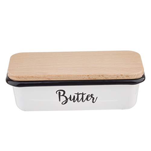 Tablecraft Enamelware Collection Butter Dish with Wood Lid