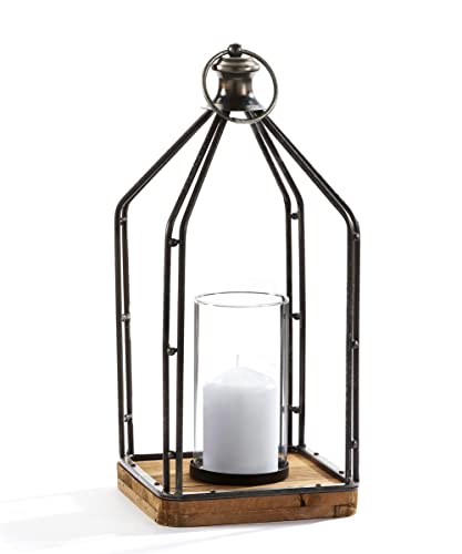 Giftcraft Small Pillar Holder with Wood Base, 19.7-inch Height, Iron, Fir and Glass, Black