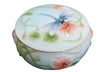 Unicorn Studio 2.25 Inch Round Glazed Porcelain Trinket Box Poppy and Dragonfly Motif