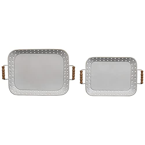 Foreside Home & Garden White Set of 2 Metal Decorative Trays with Wood Handles