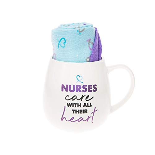 Pavilion Gift Company 71316 Nurses Care Heart Socks & 15.5 Oz Coffee Cup Mug Gift Set, White