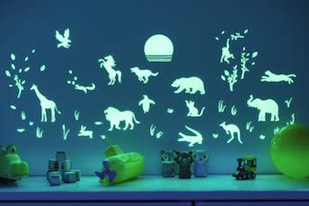 GLOPLAY Animal Safari (68pcs/Pack), Glow in The Dark Educational Wall Stickers, The Eco-Friendly and Brightest Wall Stickers for Ceiling, Bathtime, Bedroom, Party, Decor, Made in Japan