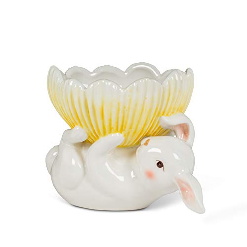 Abbott Collection  Home 27-TEAPARTY-303 Rabbit with Flower Planter, White/Yellow