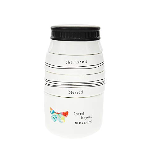 Pavilion Gift Company 87525 Cherished Blessed Loved Beyond 4 Piece Stoneware Stackable Measuring Cup Set, 6", White
