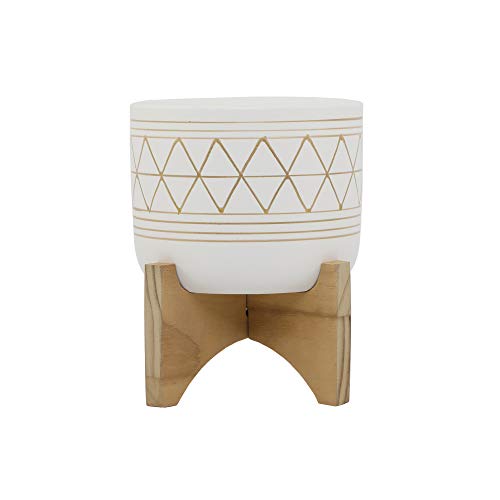 Flora Bunda 5" White Gold Ceramic Geometric W/Wood Stand Planter Pot Mid Century, 5x5x6, for Houseplants, Succulents, Snake Plants ‚Äì Plants not Included