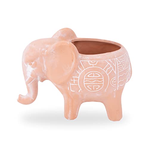 Napco Tribal Pattern Elephant 5.75 x 8.5 Inch Natural and White Ceramic Flower Pot Planter