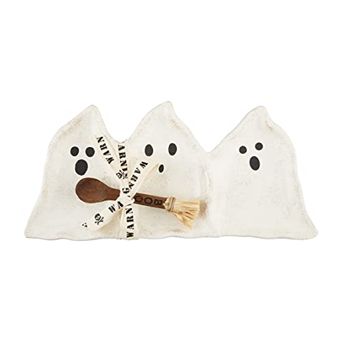 Mud Pie Halloween Ghost Triple Dip Set, White, dish 6" x 13" | spoon 5.25", Dolomite