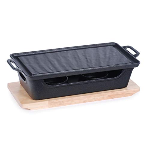 FMC Fuji Merchandise Corp Japanese Sytle Barbecue Grill Yakiniku Pan Rectangular Grill With Wooden Base Trivet and Burner Base Non Stick Grill